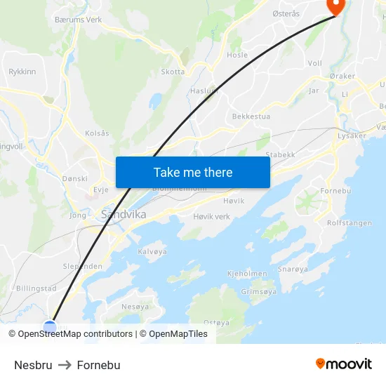 Nesbru to Fornebu map