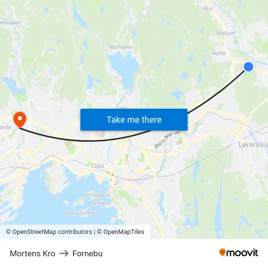Mortens Kro to Fornebu map