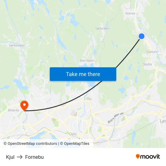 Kjul to Fornebu map
