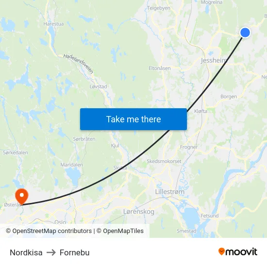 Nordkisa to Fornebu map