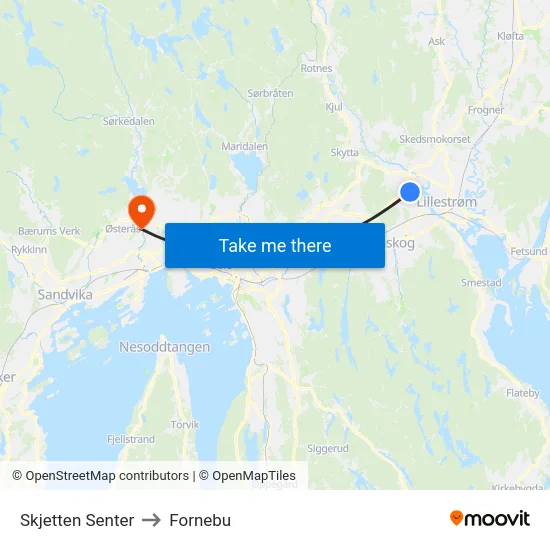 Skjetten Senter to Fornebu map