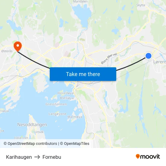 Karihaugen to Fornebu map