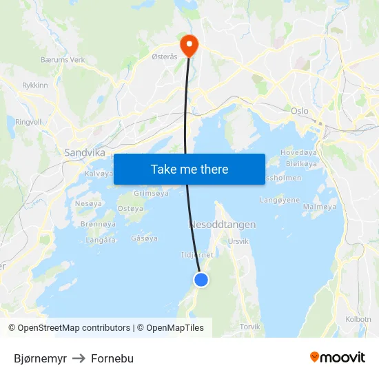 Bjørnemyr to Fornebu map