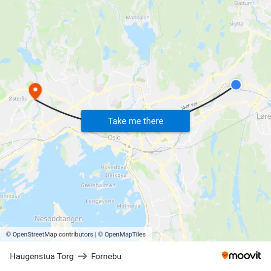 Haugenstua Torg to Fornebu map