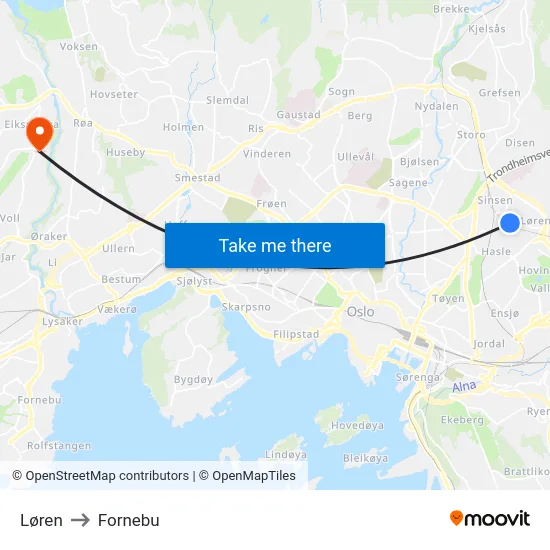 Løren to Fornebu map