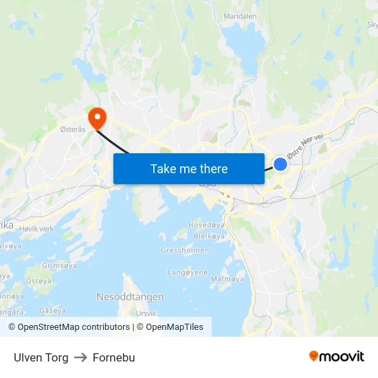 Ulven Torg to Fornebu map