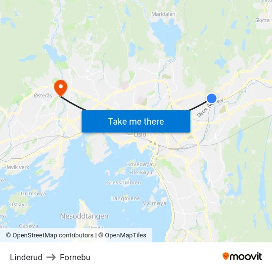 Linderud to Fornebu map
