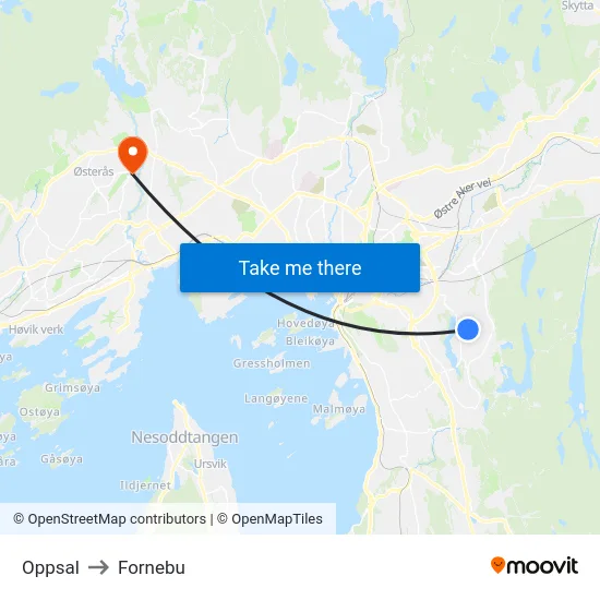 Oppsal to Fornebu map
