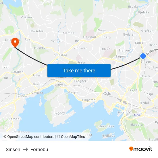 Sinsen to Fornebu map