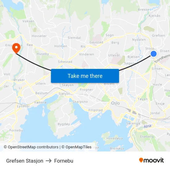 Grefsen Stasjon to Fornebu map