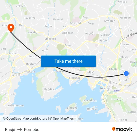 Ensjø to Fornebu map