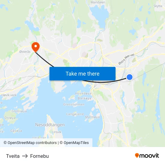 Tveita to Fornebu map
