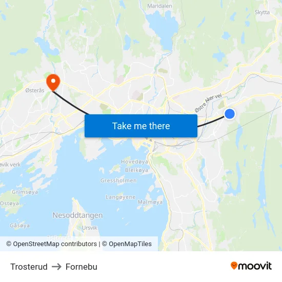 Trosterud to Fornebu map