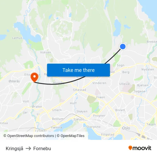 Kringsjå to Fornebu map