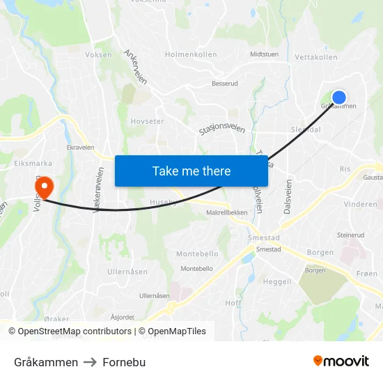 Gråkammen to Fornebu map