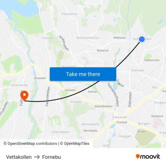 Vettakollen to Fornebu map