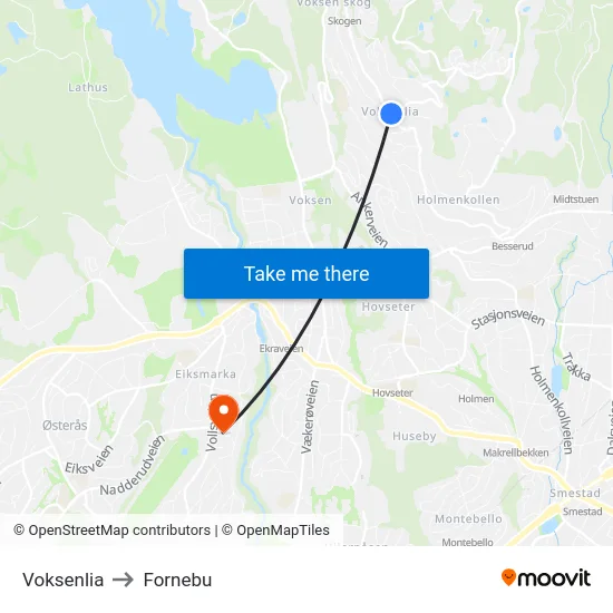Voksenlia to Fornebu map