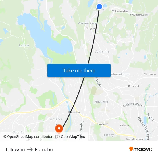 Lillevann to Fornebu map
