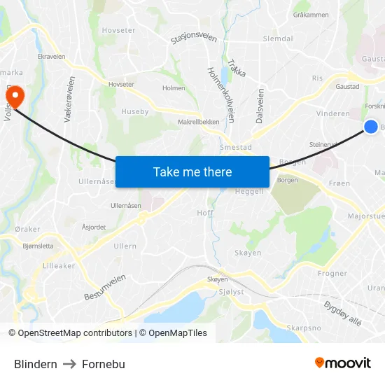 Blindern to Fornebu map