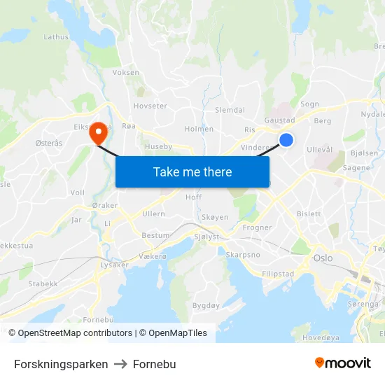 Forskningsparken to Fornebu map