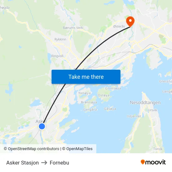 Asker Stasjon to Fornebu map