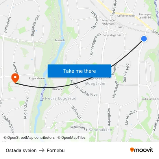 Ostadalsveien to Fornebu map