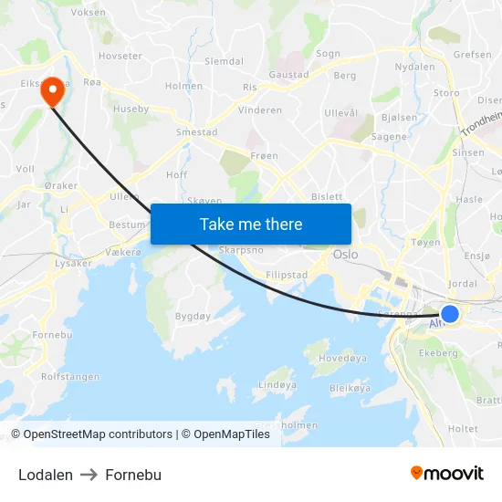 Lodalen to Fornebu map