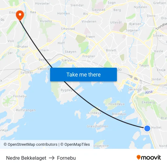 Nedre Bekkelaget to Fornebu map