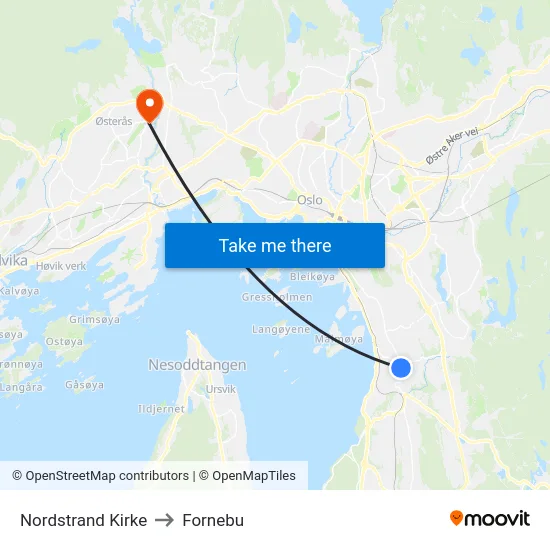 Nordstrand Kirke to Fornebu map