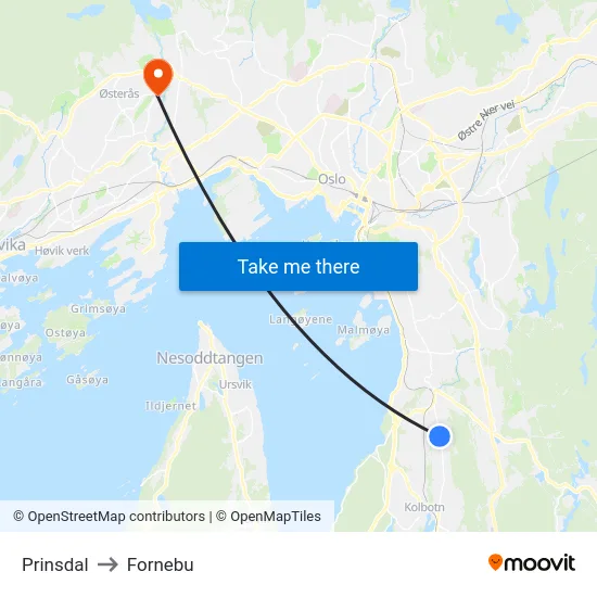 Prinsdal to Fornebu map