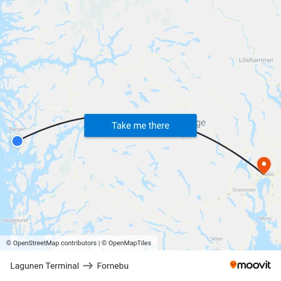 Lagunen Terminal to Fornebu map