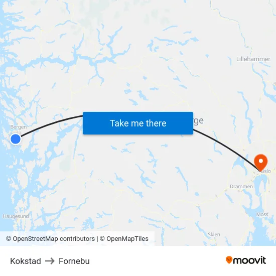 Kokstad to Fornebu map