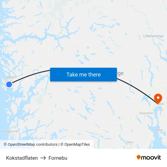 Kokstadflaten to Fornebu map