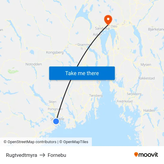 Rugtvedtmyra to Fornebu map