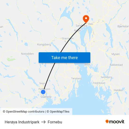 Herøya Industripark to Fornebu map