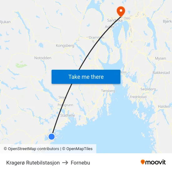 Kragerø Rutebilstasjon to Fornebu map