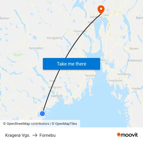 Kragerø Vgs. to Fornebu map
