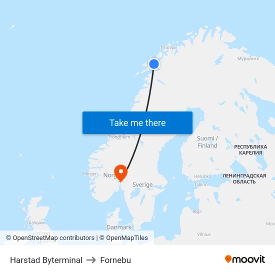 Harstad Byterminal to Fornebu map