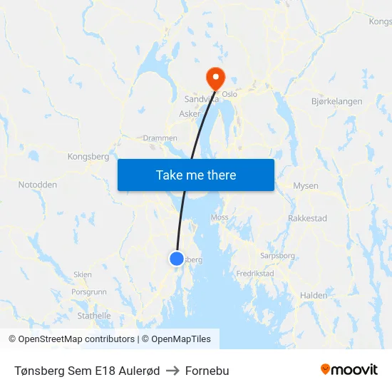 Tønsberg Sem E18 Aulerød to Fornebu map