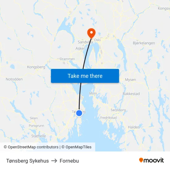 Tønsberg Sykehus to Fornebu map