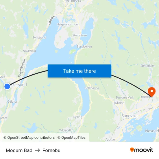 Modum Bad to Fornebu map
