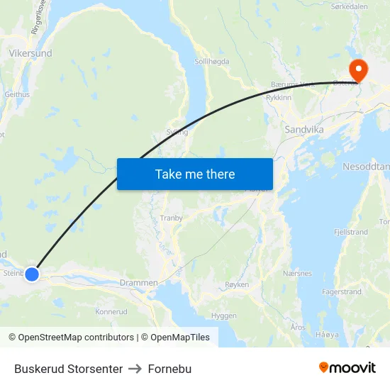 Buskerud Storsenter to Fornebu map