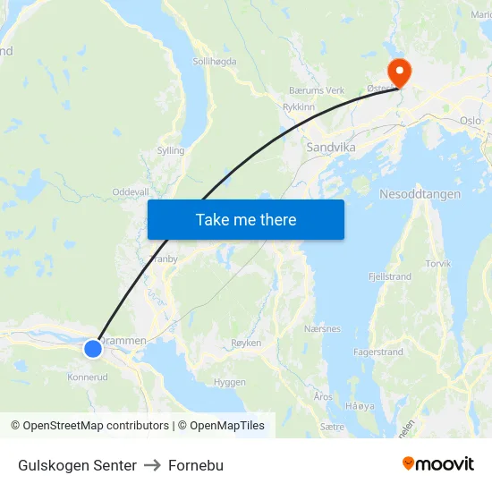 Gulskogen Senter to Fornebu map