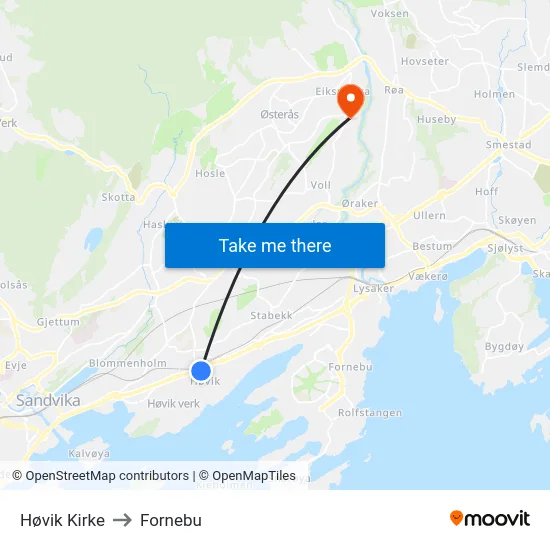 Høvik Kirke to Fornebu map