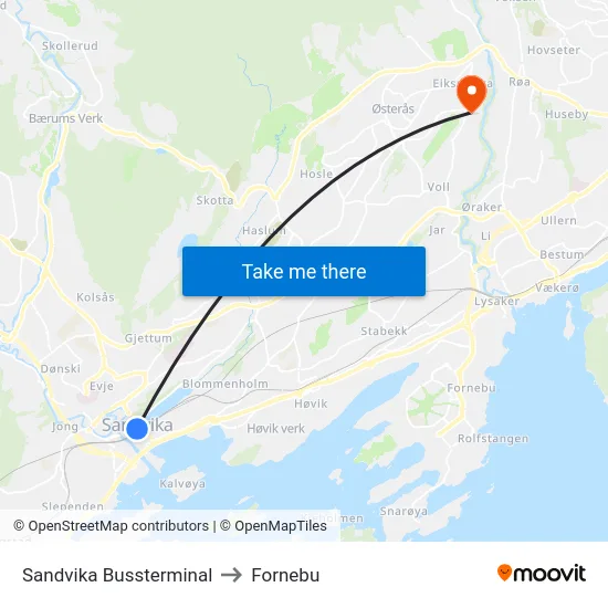Sandvika Bussterminal to Fornebu map