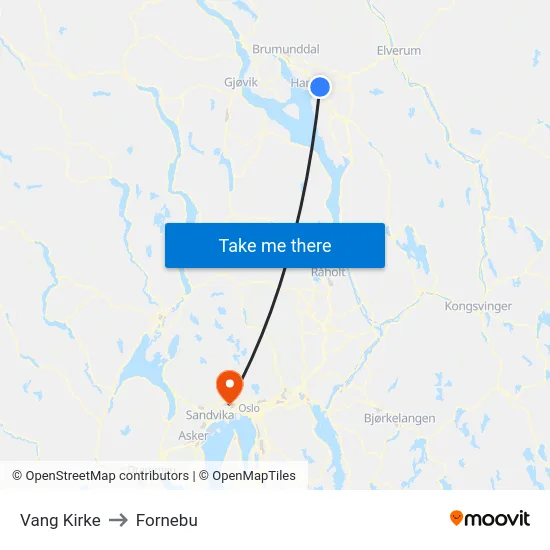 Vang Kirke to Fornebu map