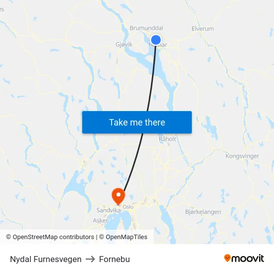 Nydal Furnesvegen to Fornebu map