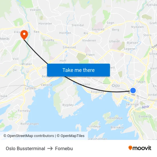 Oslo Bussterminal to Fornebu map