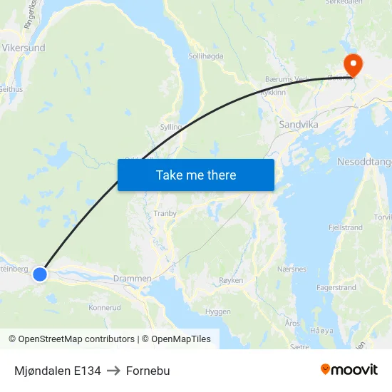 Mjøndalen E134 to Fornebu map