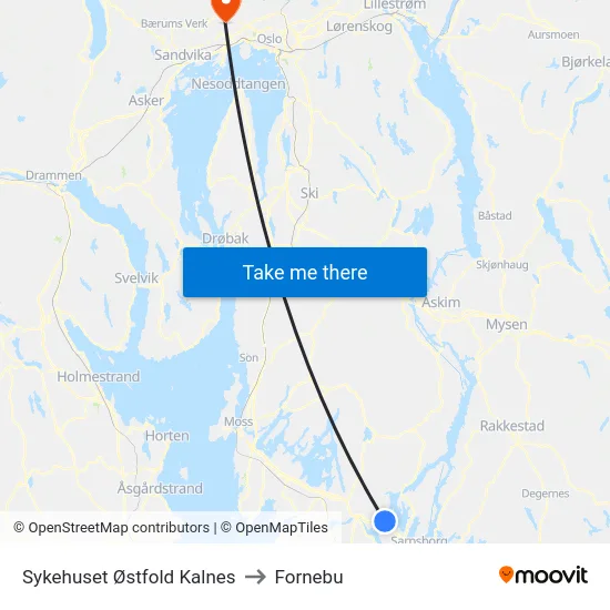 Sykehuset Østfold Kalnes to Fornebu map